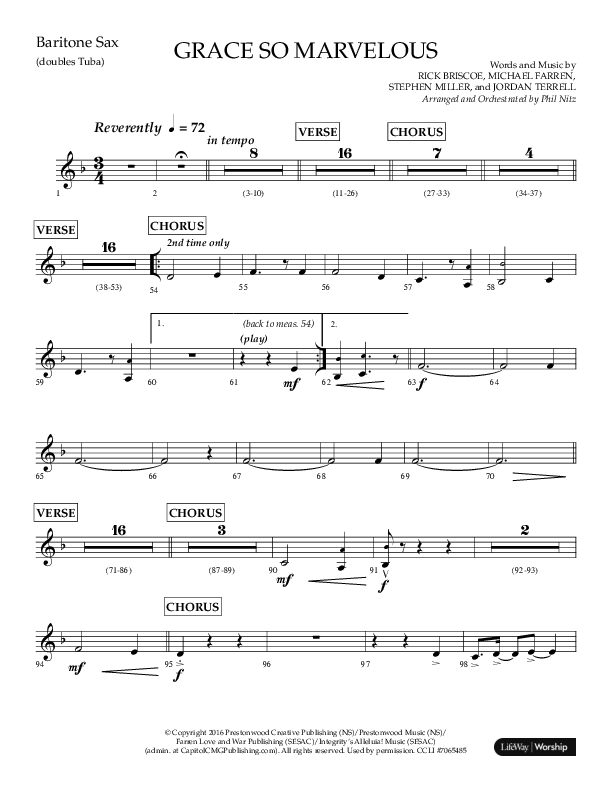 Grace So Marvelous (Choral Anthem SATB) Bari Sax (Lifeway Choral / Arr. Phil Nitz)