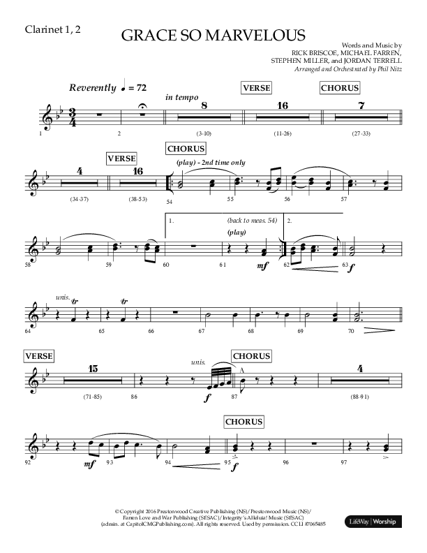 Grace So Marvelous (Choral Anthem SATB) Clarinet 1/2 (Lifeway Choral / Arr. Phil Nitz)