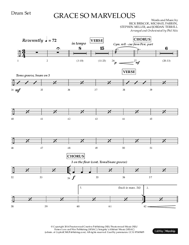Grace So Marvelous (Choral Anthem SATB) Drum Set (Lifeway Choral / Arr. Phil Nitz)