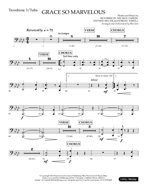 Grace So Marvelous (Choral Anthem SATB) Trombone 3/Tuba (Lifeway Choral / Arr. Phil Nitz)