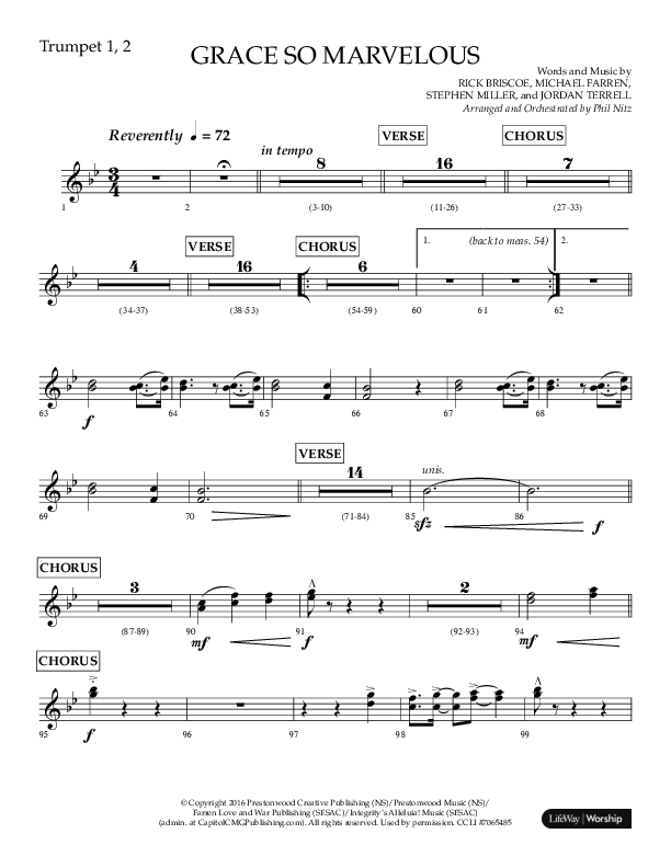 Grace So Marvelous (Choral Anthem SATB) Trumpet 1,2 (Lifeway Choral / Arr. Phil Nitz)