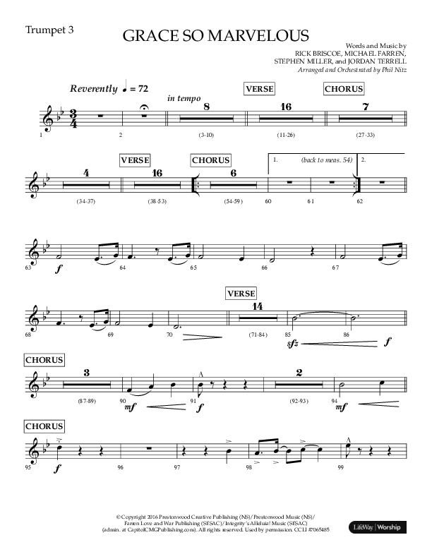 Grace So Marvelous (Choral Anthem SATB) Trumpet 3 (Lifeway Choral / Arr. Phil Nitz)