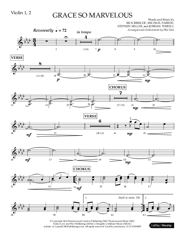 Grace So Marvelous (Choral Anthem SATB) Violin 1/2 (Lifeway Choral / Arr. Phil Nitz)