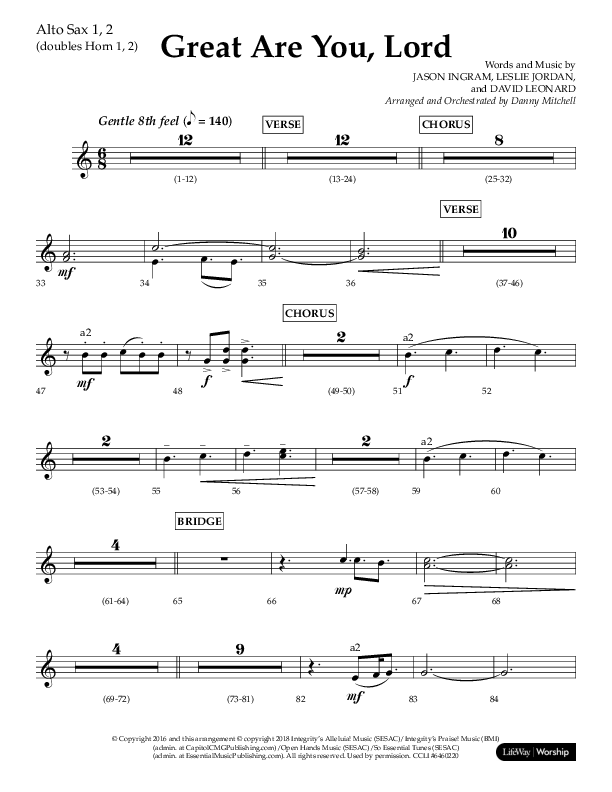 Great Are You Lord (Choral Anthem SATB) Alto Sax 1/2 (Lifeway Choral / Arr. Danny Mitchell)