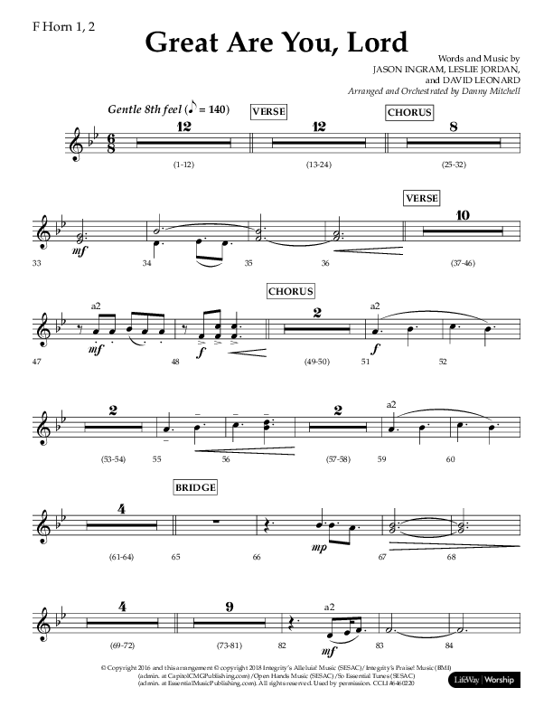 Great Are You Lord (Choral Anthem SATB) French Horn 1/2 (Lifeway Choral / Arr. Danny Mitchell)