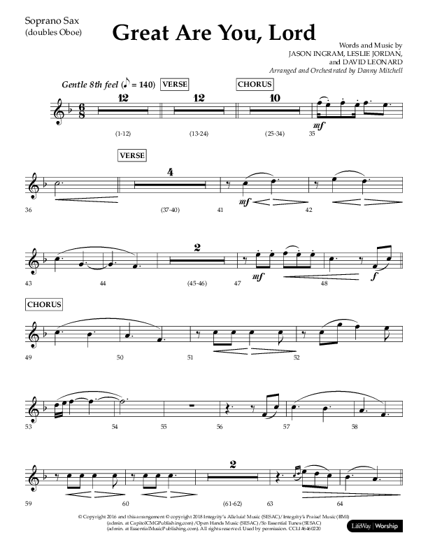 Great Are You Lord (Choral Anthem SATB) Soprano Sax (Lifeway Choral / Arr. Danny Mitchell)