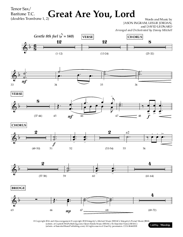 Great Are You Lord (Choral Anthem SATB) Tenor Sax/Baritone T.C. (Lifeway Choral / Arr. Danny Mitchell)