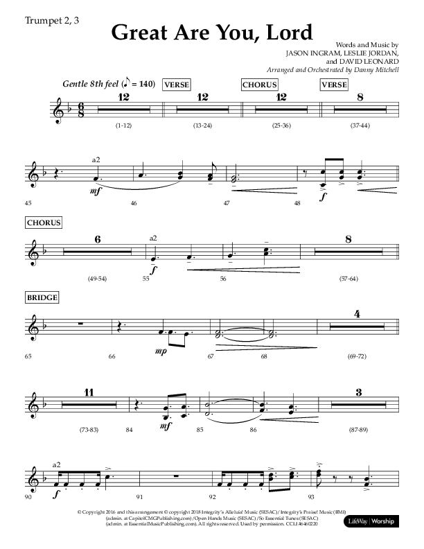 Great Are You Lord (Choral Anthem SATB) Trumpet 2/3 (Lifeway Choral / Arr. Danny Mitchell)