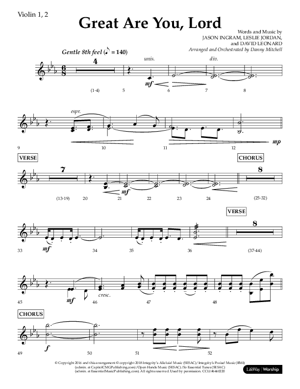 Great Are You Lord (Choral Anthem SATB) Violin 1/2 (Lifeway Choral / Arr. Danny Mitchell)