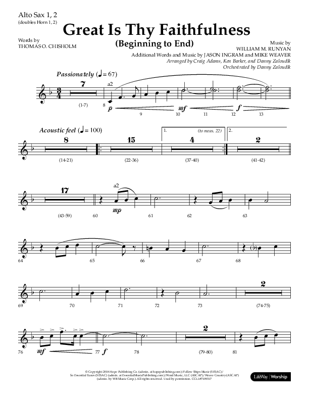 Great Is Thy Faithfulness (Beginning To End) (Choral Anthem SATB) Alto Sax 1/2 (Lifeway Choral / Orch. Danny Zaloudik / Arr. Craig Adams / Arr. Ken Barker / Arr. Danny Zaloudik)