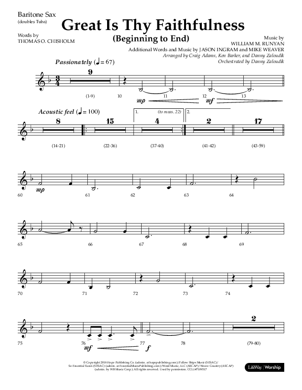 Great Is Thy Faithfulness (Beginning To End) (Choral Anthem SATB) Bari Sax (Lifeway Choral / Orch. Danny Zaloudik / Arr. Craig Adams / Arr. Ken Barker / Arr. Danny Zaloudik)