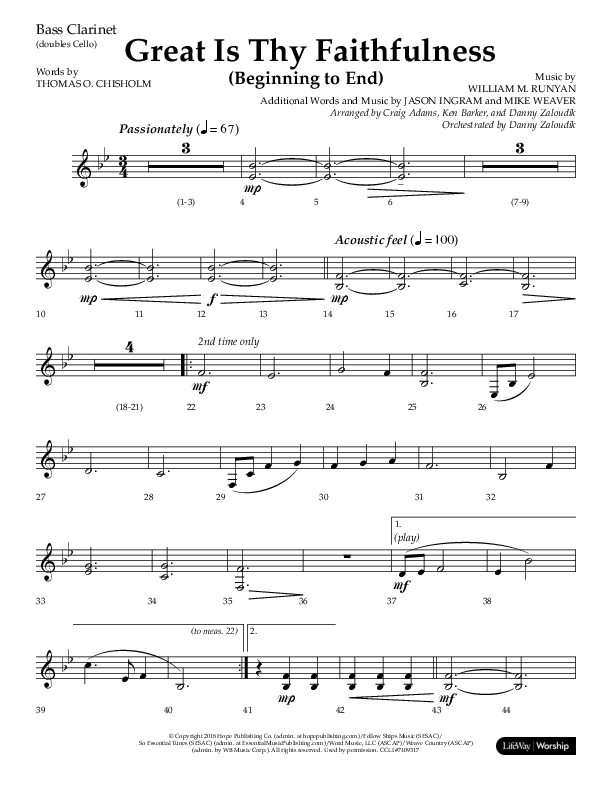 Great Is Thy Faithfulness (Beginning To End) (Choral Anthem SATB) Bass Clarinet (Lifeway Choral / Orch. Danny Zaloudik / Arr. Craig Adams / Arr. Ken Barker / Arr. Danny Zaloudik)