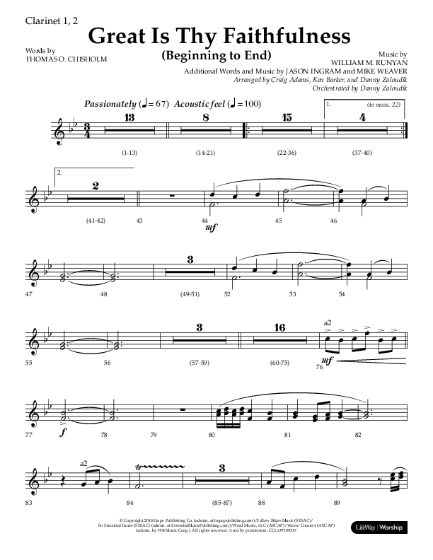 Great Is Thy Faithfulness (Beginning To End) (Choral Anthem SATB) Clarinet 1/2 (Lifeway Choral / Orch. Danny Zaloudik / Arr. Craig Adams / Arr. Ken Barker / Arr. Danny Zaloudik)