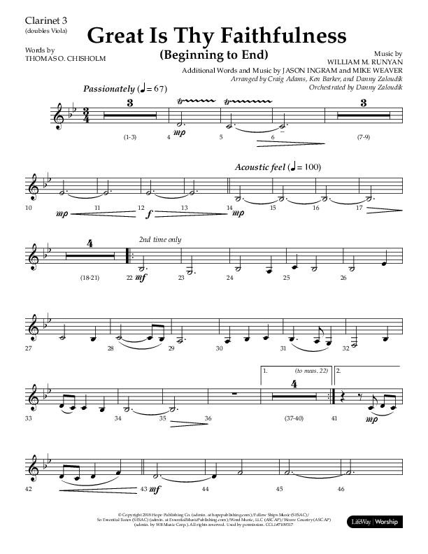 Great Is Thy Faithfulness (Beginning To End) (Choral Anthem SATB) Clarinet 3 (Lifeway Choral / Orch. Danny Zaloudik / Arr. Craig Adams / Arr. Ken Barker / Arr. Danny Zaloudik)