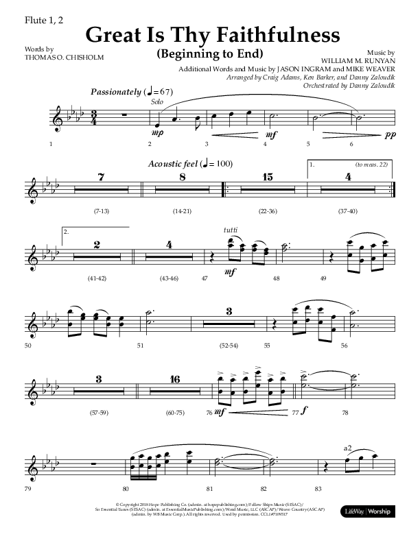 Great Is Thy Faithfulness (Beginning To End) (Choral Anthem SATB) Flute 1/2 (Lifeway Choral / Orch. Danny Zaloudik / Arr. Craig Adams / Arr. Ken Barker / Arr. Danny Zaloudik)
