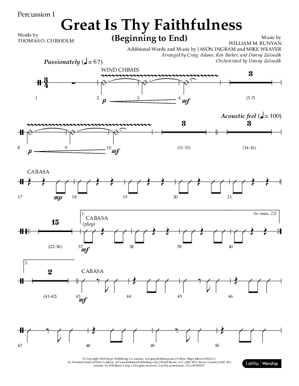 Great Is Thy Faithfulness (Beginning To End) (Choral Anthem SATB) Percussion 1/2 (Lifeway Choral / Orch. Danny Zaloudik / Arr. Craig Adams / Arr. Ken Barker / Arr. Danny Zaloudik)