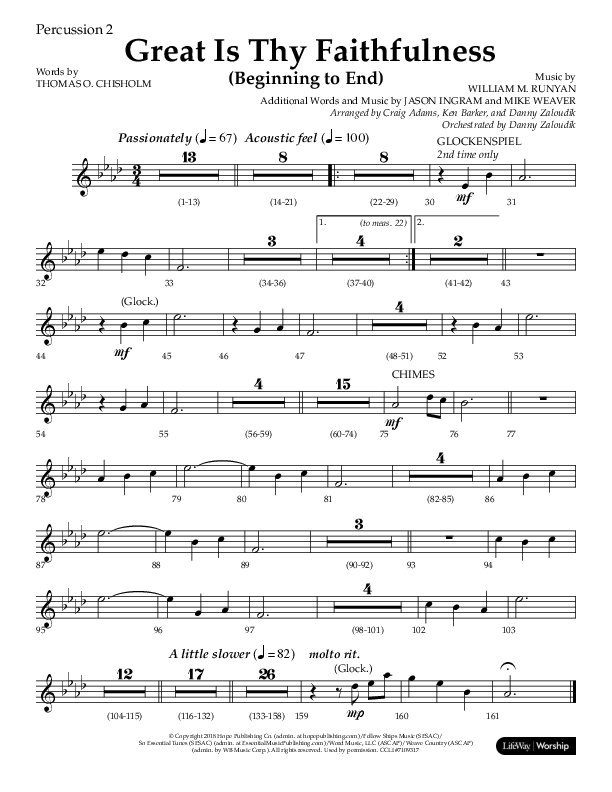 Great Is Thy Faithfulness (Beginning To End) (Choral Anthem SATB) Percussion 1/2 (Lifeway Choral / Orch. Danny Zaloudik / Arr. Craig Adams / Arr. Ken Barker / Arr. Danny Zaloudik)