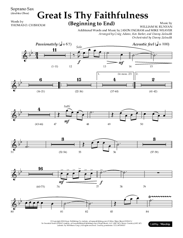 Great Is Thy Faithfulness (Beginning To End) (Choral Anthem SATB) Soprano Sax (Lifeway Choral / Orch. Danny Zaloudik / Arr. Craig Adams / Arr. Ken Barker / Arr. Danny Zaloudik)