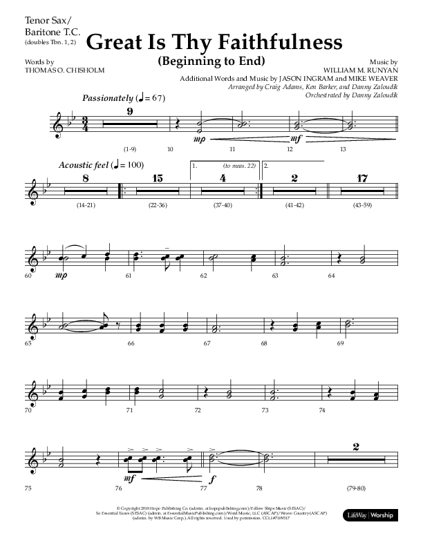 Great Is Thy Faithfulness (Beginning To End) (Choral Anthem SATB) Tenor Sax/Baritone T.C. (Lifeway Choral / Orch. Danny Zaloudik / Arr. Craig Adams / Arr. Ken Barker / Arr. Danny Zaloudik)