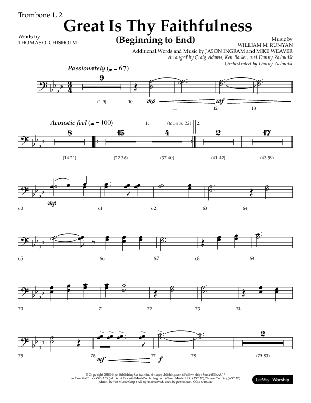 Great Is Thy Faithfulness (Beginning To End) (Choral Anthem SATB) Trombone 1/2 (Lifeway Choral / Orch. Danny Zaloudik / Arr. Craig Adams / Arr. Ken Barker / Arr. Danny Zaloudik)