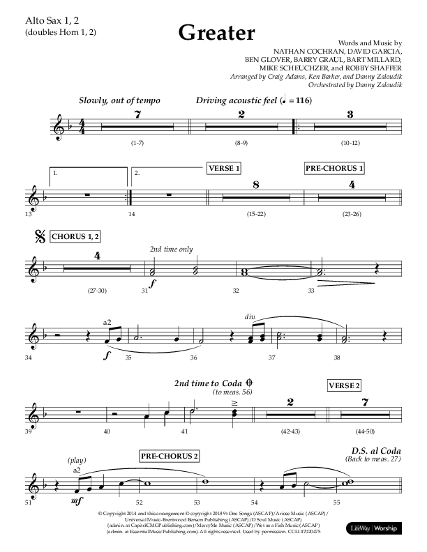 Greater (Choral Anthem SATB) Alto Sax 1/2 (Lifeway Choral / Arr. Craig Adams / Arr. Ken Barker / Orch. Danny Zaloudik)