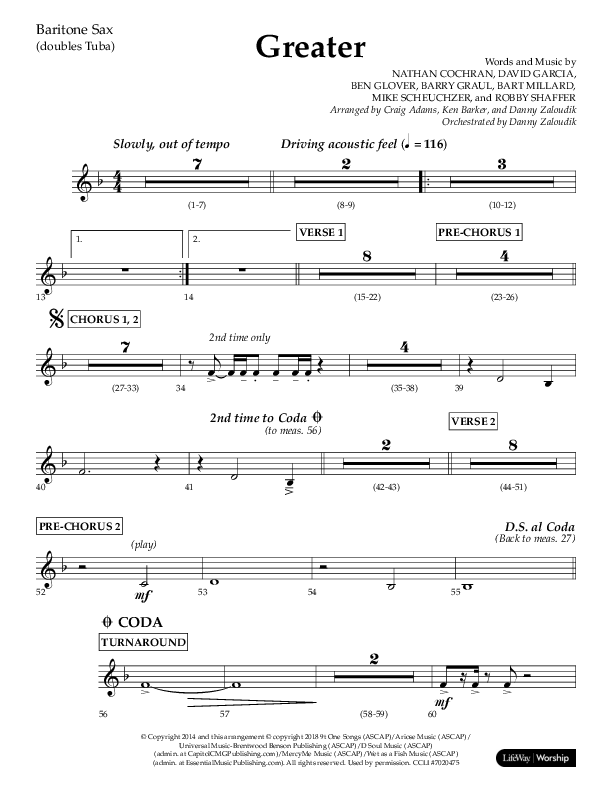 Greater (Choral Anthem SATB) Bari Sax (Lifeway Choral / Arr. Craig Adams / Arr. Ken Barker / Orch. Danny Zaloudik)