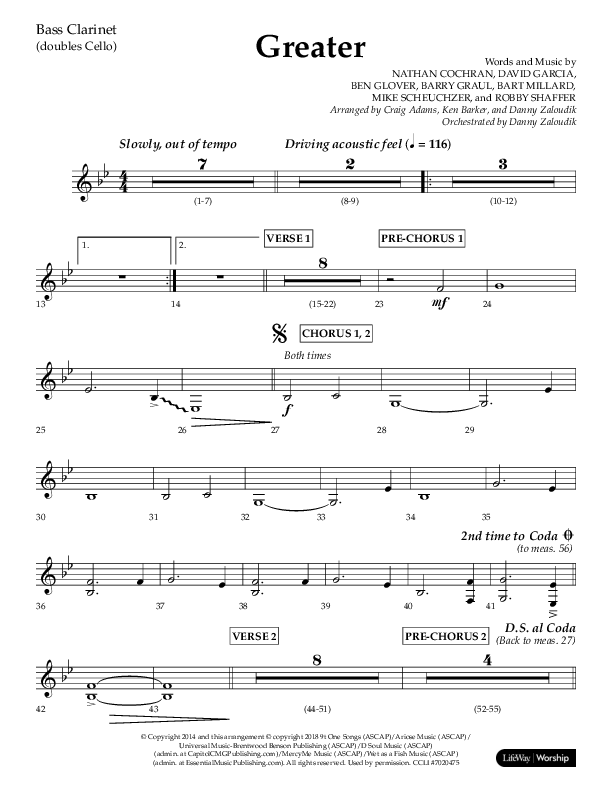 Greater (Choral Anthem SATB) Bass Clarinet (Lifeway Choral / Arr. Craig Adams / Arr. Ken Barker / Orch. Danny Zaloudik)