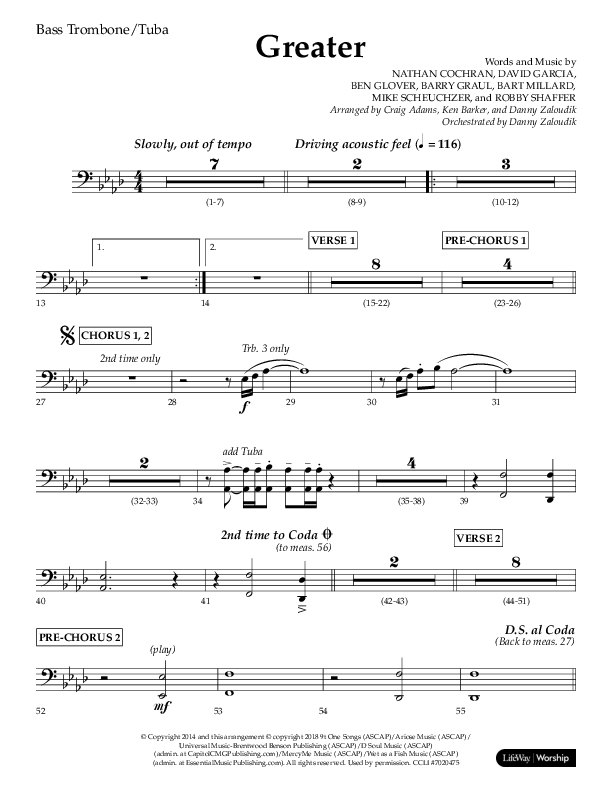 Greater (Choral Anthem SATB) Bass Trombone, Tuba (Lifeway Choral / Arr. Craig Adams / Arr. Ken Barker / Orch. Danny Zaloudik)