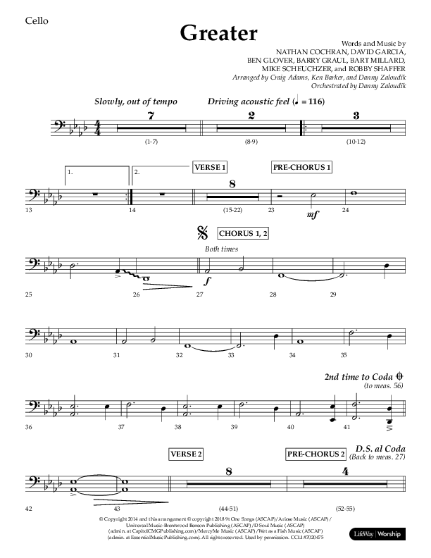 Greater (Choral Anthem SATB) Cello (Lifeway Choral / Arr. Craig Adams / Arr. Ken Barker / Orch. Danny Zaloudik)