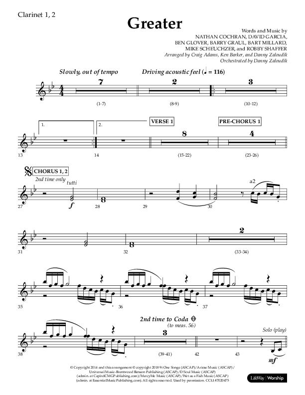 Greater (Choral Anthem SATB) Clarinet 1/2 (Lifeway Choral / Arr. Craig Adams / Arr. Ken Barker / Orch. Danny Zaloudik)