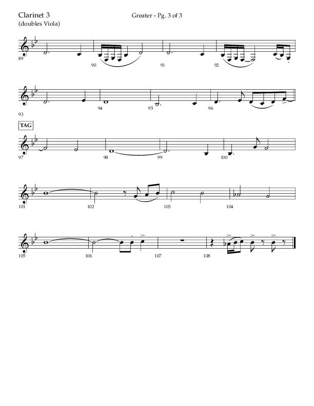 Greater (Choral Anthem SATB) Clarinet 3 (Lifeway Choral / Arr. Craig Adams / Arr. Ken Barker / Orch. Danny Zaloudik)