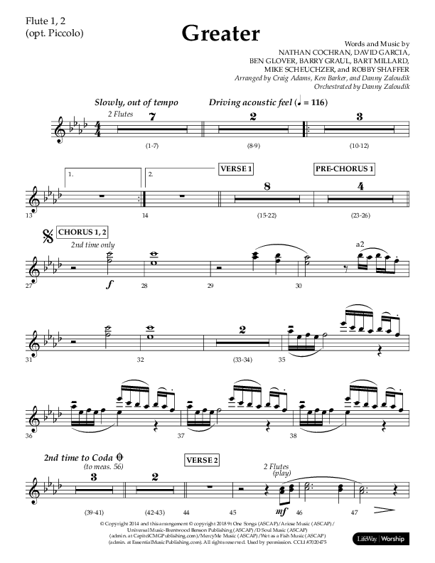Greater (Choral Anthem SATB) Flute 1/2 (Lifeway Choral / Arr. Craig Adams / Arr. Ken Barker / Orch. Danny Zaloudik)