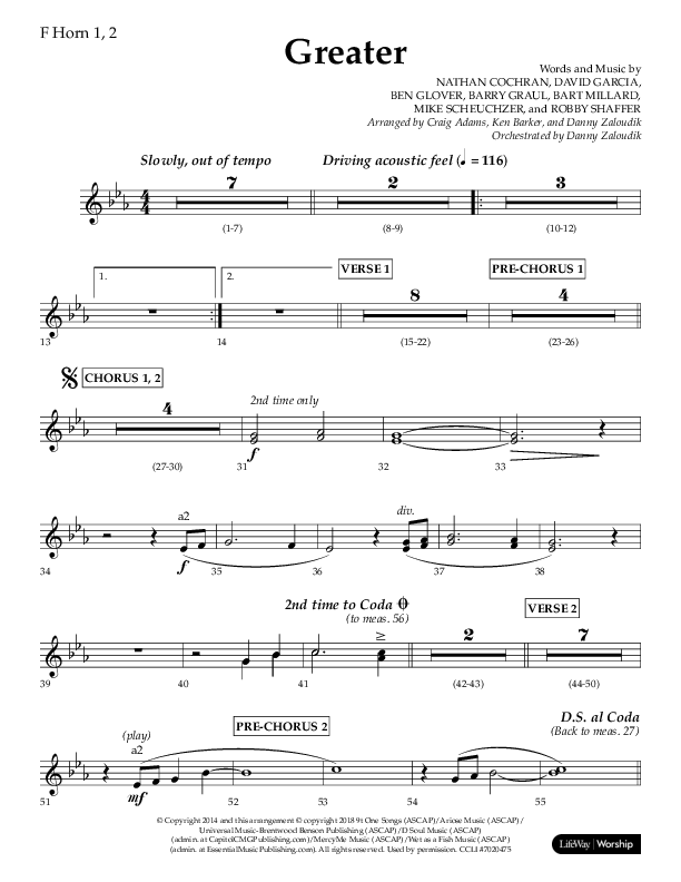 Greater (Choral Anthem SATB) French Horn 1/2 (Lifeway Choral / Arr. Craig Adams / Arr. Ken Barker / Orch. Danny Zaloudik)