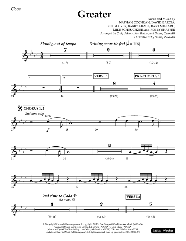 Greater (Choral Anthem SATB) Oboe (Lifeway Choral / Arr. Craig Adams / Arr. Ken Barker / Orch. Danny Zaloudik)