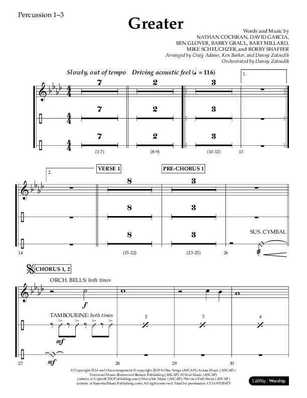 Greater (Choral Anthem SATB) Percussion 1/2 (Lifeway Choral / Arr. Craig Adams / Arr. Ken Barker / Orch. Danny Zaloudik)