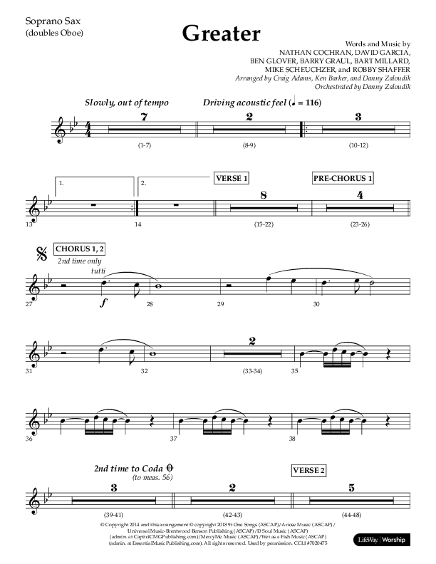 Greater (Choral Anthem SATB) Soprano Sax (Lifeway Choral / Arr. Craig Adams / Arr. Ken Barker / Orch. Danny Zaloudik)