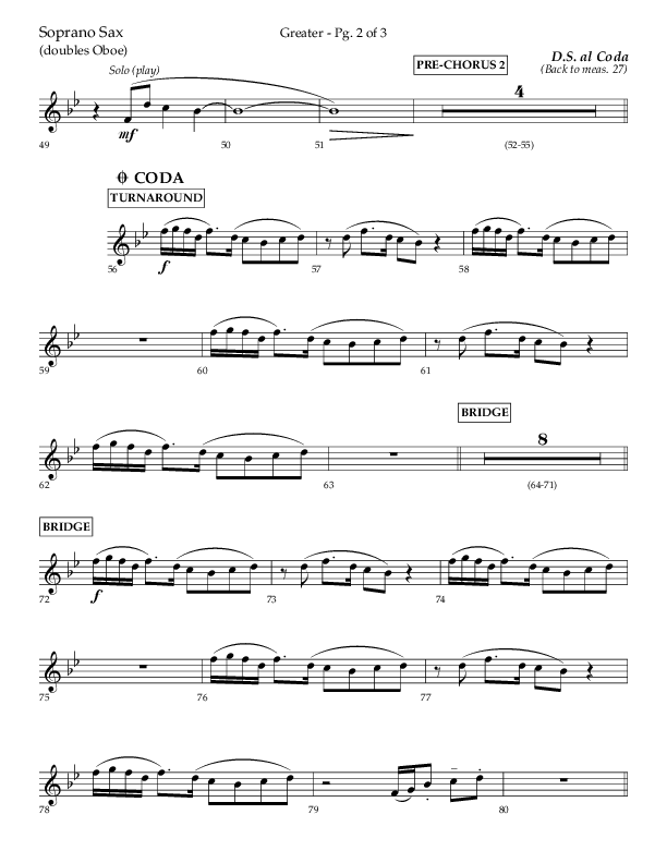 Greater (Choral Anthem SATB) Soprano Sax (Lifeway Choral / Arr. Craig Adams / Arr. Ken Barker / Orch. Danny Zaloudik)