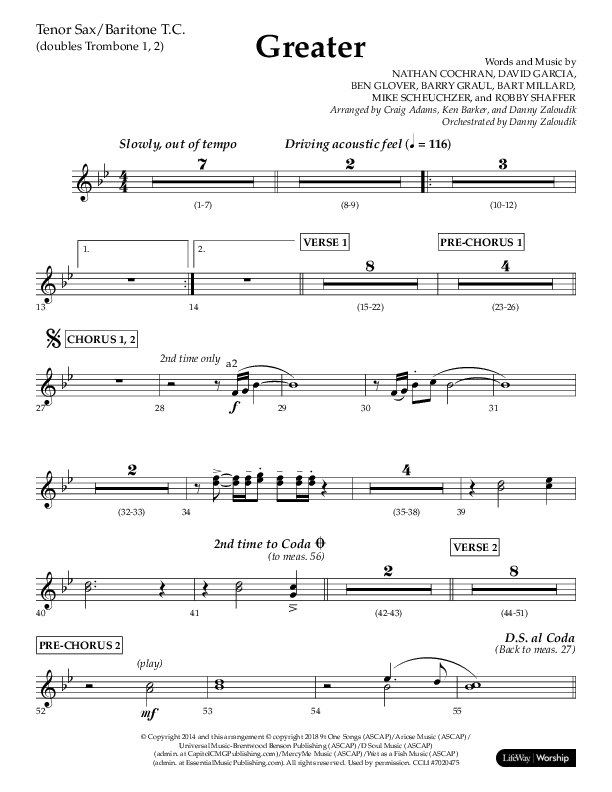 Greater (Choral Anthem SATB) Tenor Sax/Baritone T.C. (Lifeway Choral / Arr. Craig Adams / Arr. Ken Barker / Orch. Danny Zaloudik)