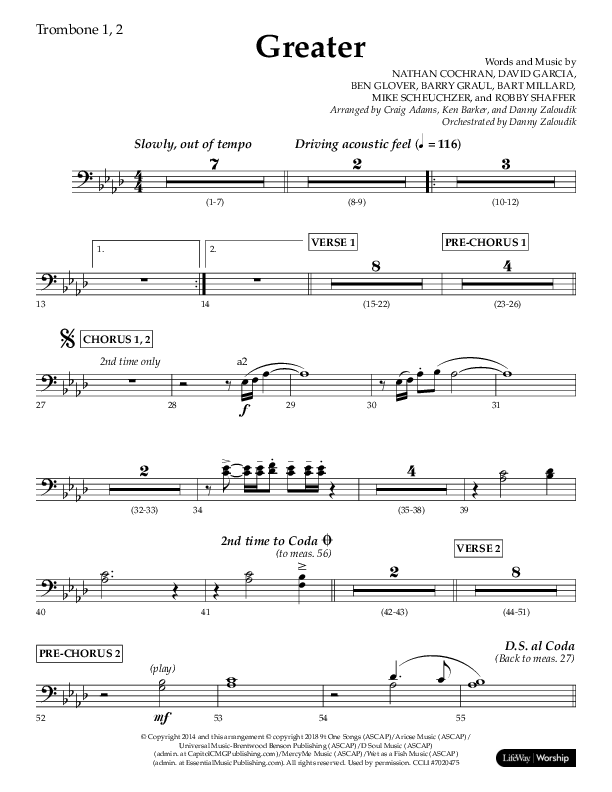 Greater (Choral Anthem SATB) Trombone 1/2 (Lifeway Choral / Arr. Craig Adams / Arr. Ken Barker / Orch. Danny Zaloudik)