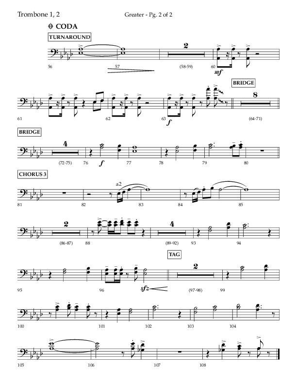 Greater (Choral Anthem SATB) Trombone 1/2 (Lifeway Choral / Arr. Craig Adams / Arr. Ken Barker / Orch. Danny Zaloudik)