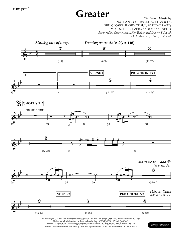 Greater (Choral Anthem SATB) Trumpet 1 (Lifeway Choral / Arr. Craig Adams / Arr. Ken Barker / Orch. Danny Zaloudik)