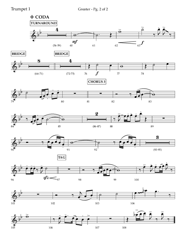 Greater (Choral Anthem SATB) Trumpet 1 (Lifeway Choral / Arr. Craig Adams / Arr. Ken Barker / Orch. Danny Zaloudik)