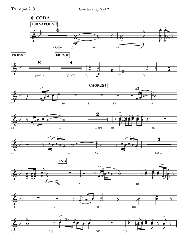 Greater (Choral Anthem SATB) Trumpet 2/3 (Lifeway Choral / Arr. Craig Adams / Arr. Ken Barker / Orch. Danny Zaloudik)