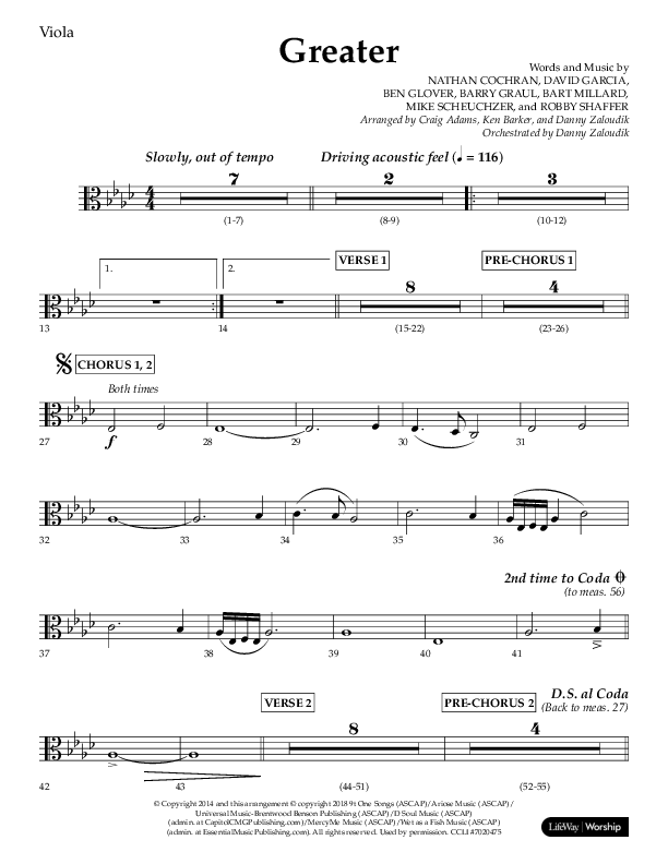 Greater (Choral Anthem SATB) Viola (Lifeway Choral / Arr. Craig Adams / Arr. Ken Barker / Orch. Danny Zaloudik)