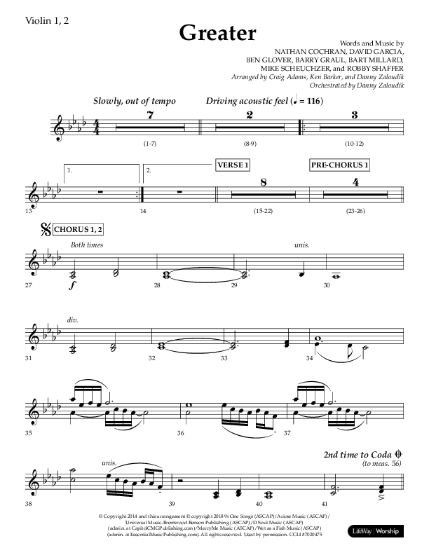 Greater (Choral Anthem SATB) Violin 1/2 (Lifeway Choral / Arr. Craig Adams / Arr. Ken Barker / Orch. Danny Zaloudik)