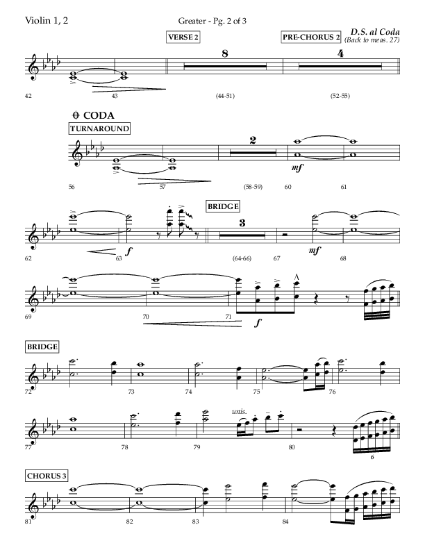 Greater (Choral Anthem SATB) Violin 1/2 (Lifeway Choral / Arr. Craig Adams / Arr. Ken Barker / Orch. Danny Zaloudik)