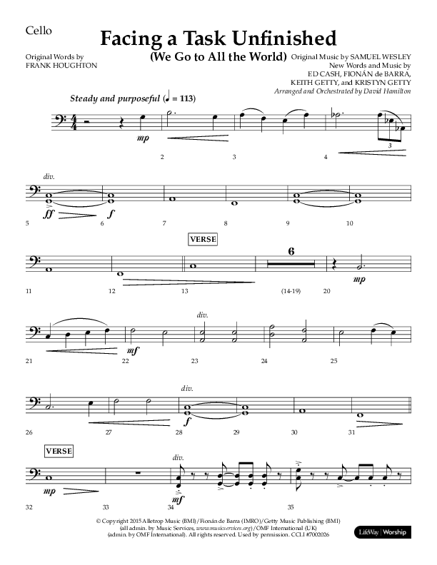Facing A Task Unfinished (Choral Anthem SATB) Cello (Lifeway Choral / Arr. David Hamilton)