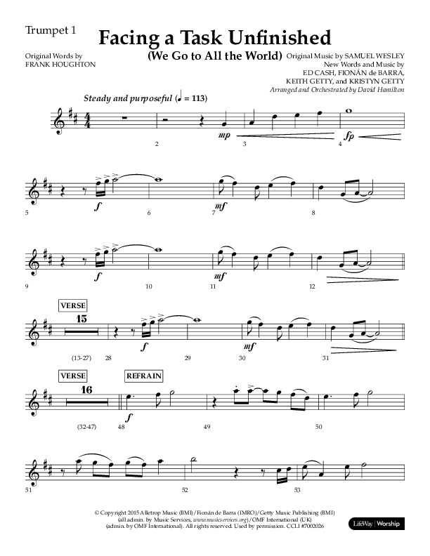 Facing A Task Unfinished (Choral Anthem SATB) Trumpet 1 (Lifeway Choral / Arr. David Hamilton)