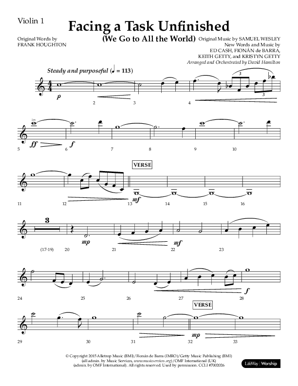 Facing A Task Unfinished (Choral Anthem SATB) Violin 1 (Lifeway Choral / Arr. David Hamilton)