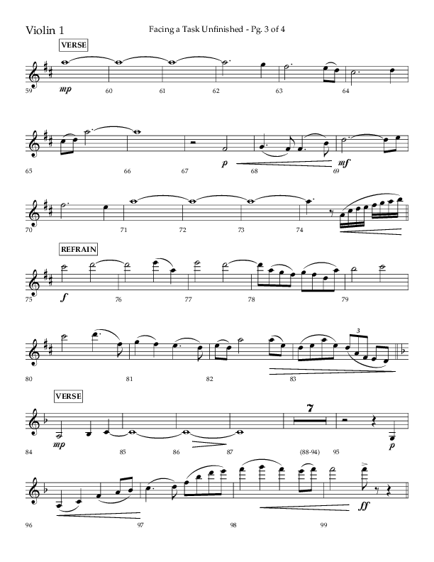 Facing A Task Unfinished (Choral Anthem SATB) Violin 1 (Lifeway Choral / Arr. David Hamilton)